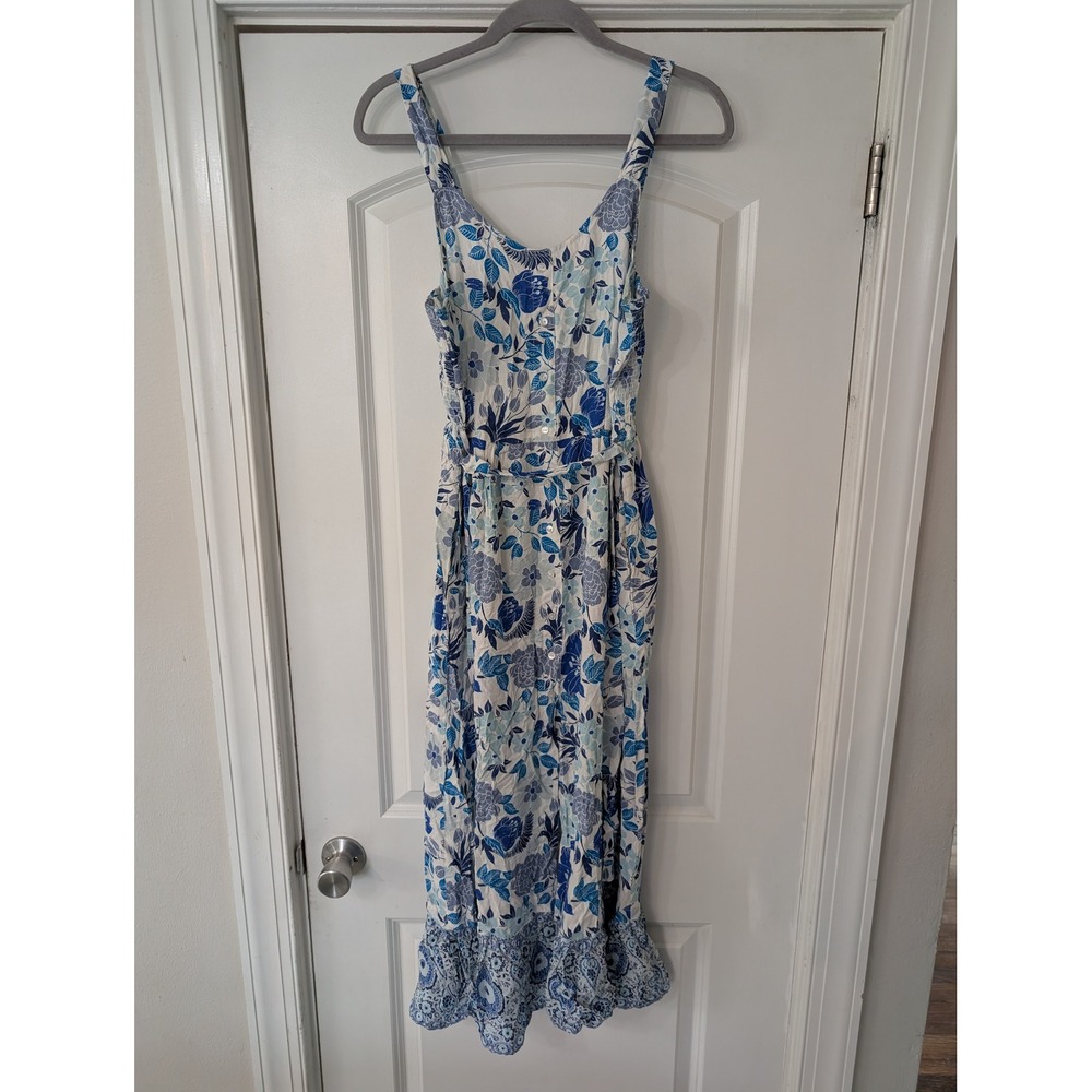 JAPNA Blue White Floral Rayon Button Front Smocked Midi Dress Large Boho